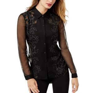 NWT Sachin & Babi Black Organza Semi Sheer Floral Button Down Blouse - M